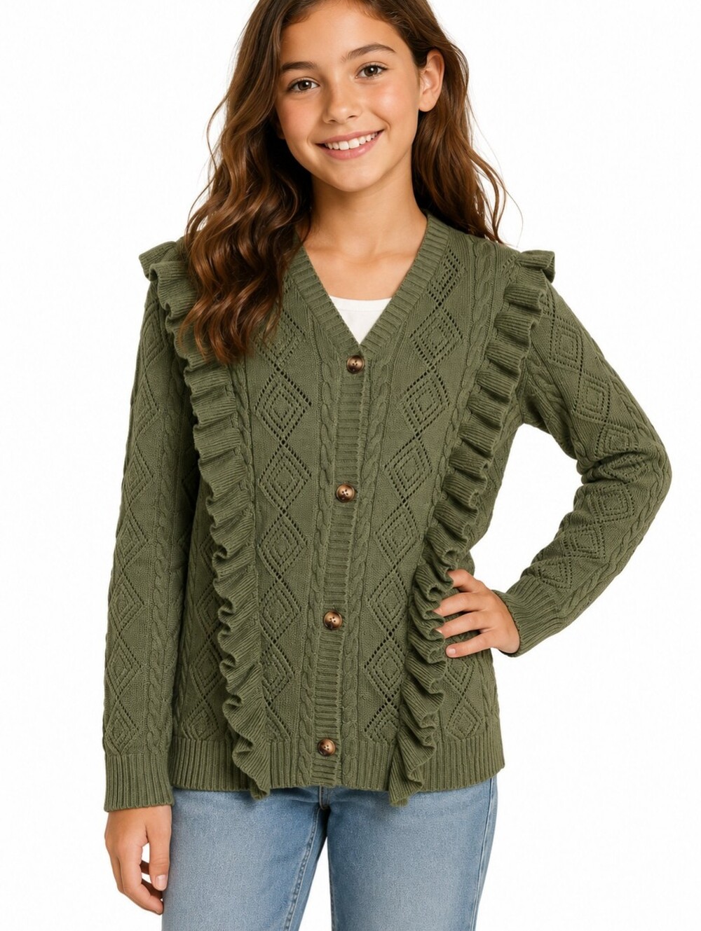 ARSHINER Girls Olive Green Cable Knit Ruffle Button Cardigan Sweater Size 160